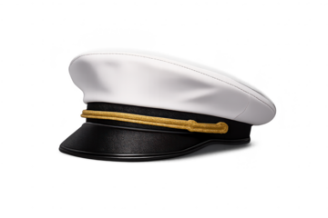 White captain's hat with gold trim on a transparent background image.