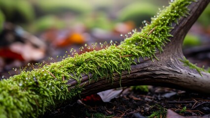 Close up of moss covered branch in natural environment with selective focus