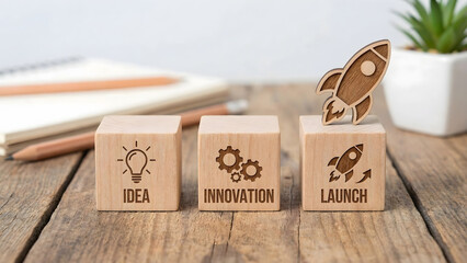 2025 Economy Recap and 2026 Business Planning: Flipping Wooden Blocks with Idea Icons for Strategic Financial Growth