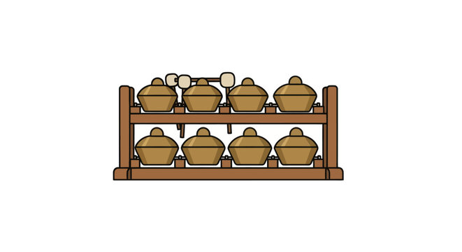 Bonang: Traditional Javanese Gamelan Instrument with Bronze Pots and Wooden Frame.