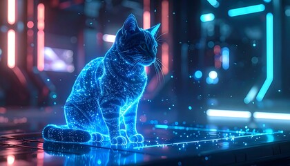 Futuristic Holographic Cat in Neon Cyberpunk Cityscape.