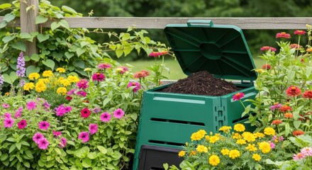 Green composting bin filled with rich soil situated in a blooming garden with vibrant flowers and lush greenery.