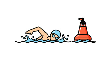 Athlete swimming freestyle stroke next to a red navigation buoy in water. © Roti