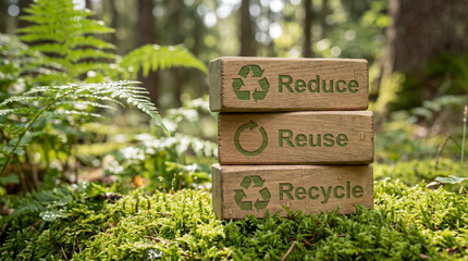 Sustainability concept with wooden blocks in green forest representing eco friendly environmental responsibility.