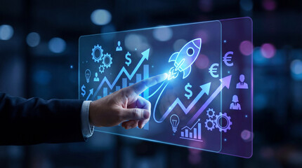 Business growth and innovation concept with digital rocket launch and rising financial performance indicators for startup.