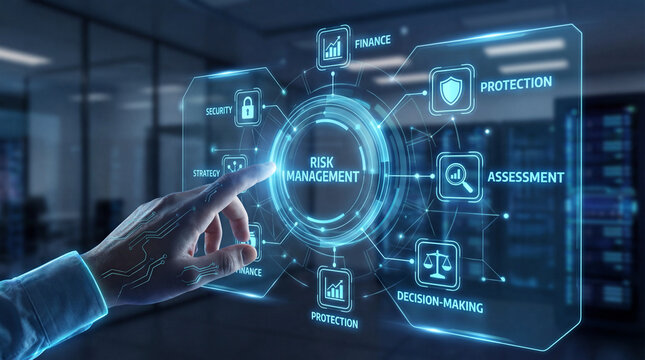 Risk management concept with digital interface showing financial analysis security assessment and business decision control. - Powered by Adobe