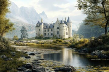 Historic stone castle beside a tranquil river in a scenic valley during autumn