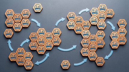 Business team network process with connected people icons showing organizational workflow and collaboration structure.