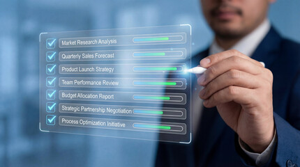 Business professional completing digital checklist showing project management progress and strategic planning interface.