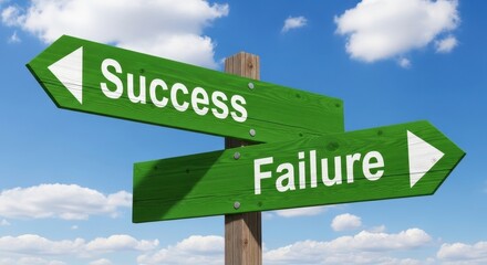 Wooden signpost with 'Success' and 'Failure' indicating diverging paths against a cloudy sky