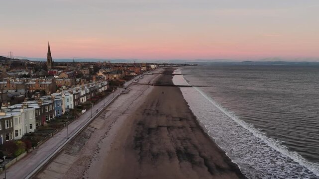 Portobello Beach Edinburgh Scotland Aerial Drone Footage 4K Sunrise Pink Sky Ocean Views