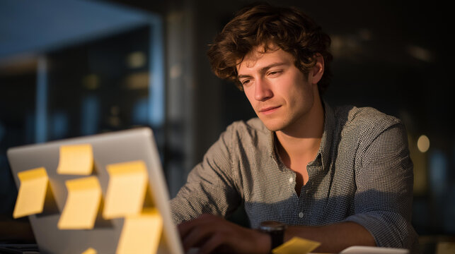 A startup founder typing furiously on a laptop during a looming deadline, sticky notes scattered everywhere as sunlight fades behind the office blinds — business urgency, productivity pressure, and - Powered by Adobe