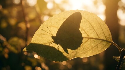 Obraz premium A butterfly resting on a leaf in a serene forest environment at sunrise