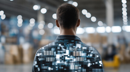A warehouse worker silhouette double-exposed with automated guided vehicles and barcode grids, representing logistics automation and smart supply chains. cinematic color correction, natural uneven