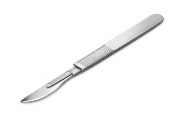 Shiny steel scalpel with transparent background for medical design use.