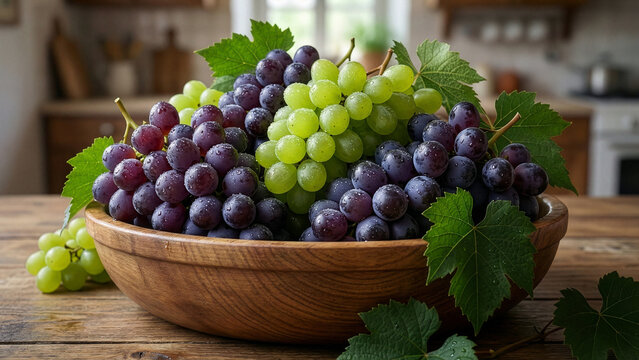 Uvas Verdes e Roxas, Fresh Green and Red Grapes with Vine Leaves in Wooden Bowl on Rustic Kitchen Table