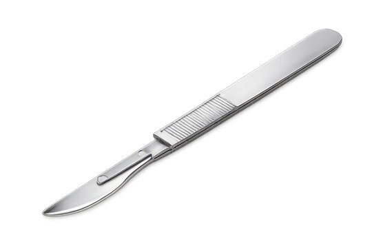 Shiny steel scalpel with transparent background for medical design use.