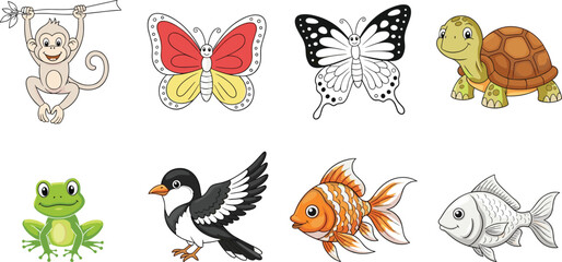 Fototapeta premium Cartoon Animal Set Featuring Colored and Black-and-White Versions – Educational Vector for Kids, Coloring, and Nature Learning