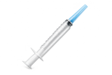 Medical syringe with blue needle on transparent background close-up
