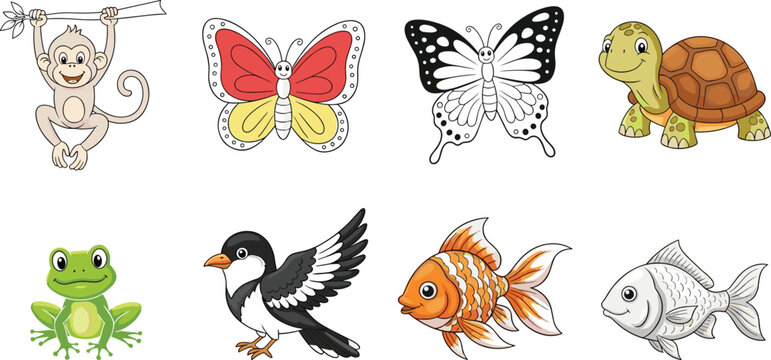 Cartoon Animal Set Featuring Colored and Black-and-White Versions &ndash; Educational Vector for Kids, Coloring, and Nature Learning