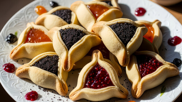 Homemade hamantaschen cookies for Purim on a decorative plate  