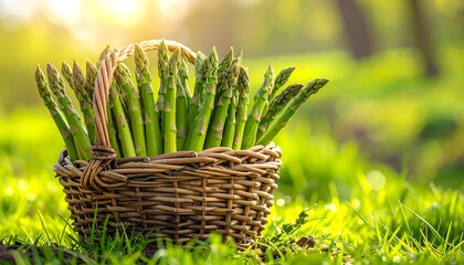 Fresh Asparagus Harvested in a Wicker Basket on a Sunny Meadow.
