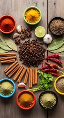 Assortment of aromatic whole and ground spices arranged attractively on a wooden surface
