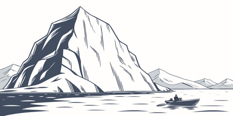 Solitary boat near an iceberg