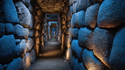 Interior shot of a long, stone-walled tunnel with dim lighting, creating a sense of mystery
