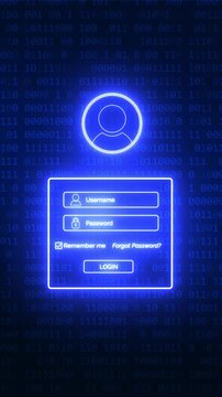 Neon user login interface on binary code background