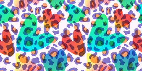 Trendy seamless leopard pattern with neon hearts and abstract shapes. Bold colorful background for fashion design, fabric, packaging, wrapping paper and Valentine decorations. © Kapalakus