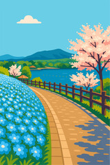 Spring Path Landscape Illustration Colorful Nature Walk Scene