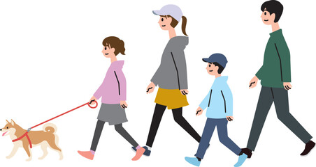 カジュアルな服装で柴犬の散歩をする4人家族