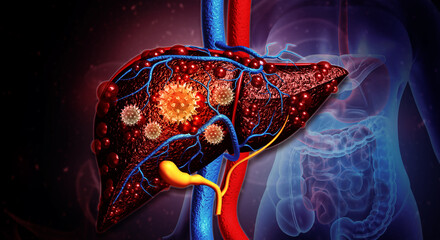 Human Liver with Viral Infection. Conceptual 3D medical illustration highlighting hepatitis, liver inflammation, and the presence of viruses within hepatic tissue