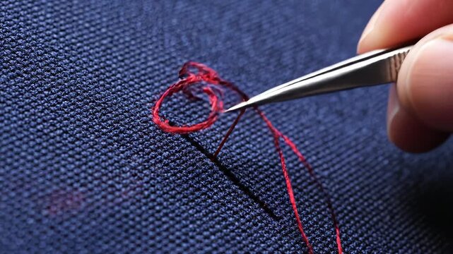 Hand stitching fabric with needle and thread