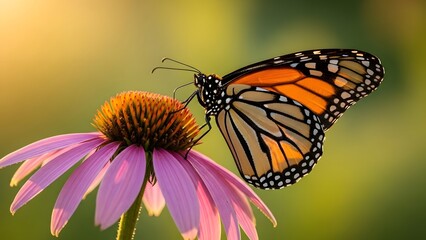 Fototapeta premium A monarch butterfly perched on a purple flower in a sunny garden landscape