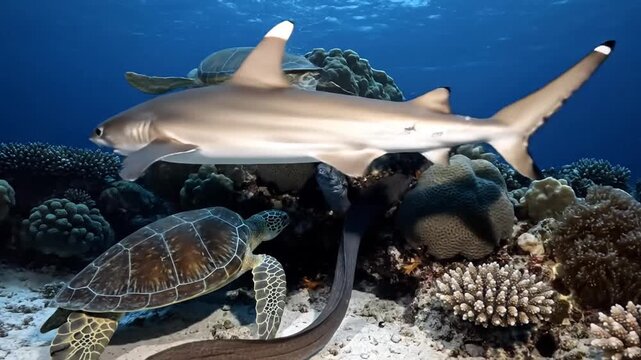 Underwater marine life featuring turtles, a moray eel and a shark in a coral reef ecosystem