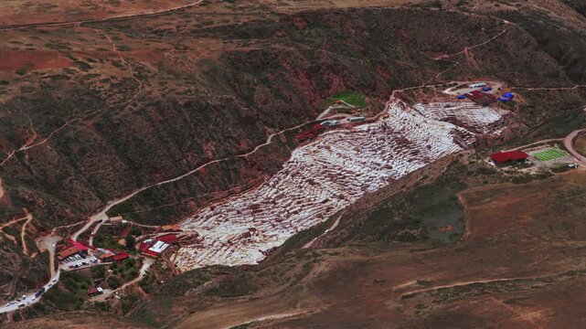 Sacred Valley Maras Salt Mine Peru Per&uacute; aerial drone Birdseye view Salineras de Maras rainy season cloudy Peruvian Andes Mount Patacancha Moray Chic&oacute;n Ancopacha Ollantaytambo Cusco region circle left