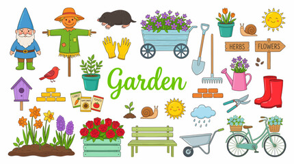 Colorful hand-drawn doodle set depicting garden elements like gnome, scarecrow, flowers, tools, boots and animals, concept for nursery decor, spring holiday cards and home gardening instructions