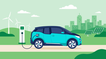 Modern electric vehicle charging near wind turbines and solar panels in a green cityscape, concept for sustainable development, clean transportation and environmental awareness