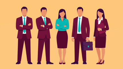 Group of confident business executives and managers standing together in formal attire, flat vector illustration, concept for teamwork, human resources and corporate identity