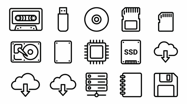 Outline icons showing digital, legacy storage devices including HDD, SSD, USB and cloud data symbols, concept for modern infographics, technology website design and data management applications