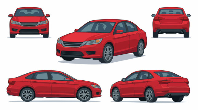 Modern red sedan car vector illustration showing five exterior views: front, side and rear perspectives, concept for vehicle marketing, industry catalogs and transportation graphic design