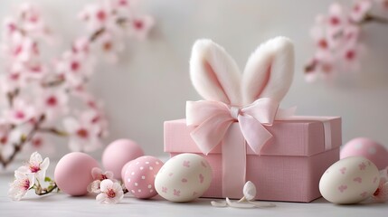 Pink gift box with bunny ears and easter eggs on a table