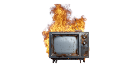 Burning old retro television set on fire isolated on transparent background