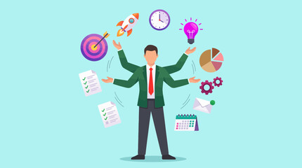 Flat vector illustration of a multitasking business executive juggling various productivity and success icons, concept for time management, professional efficiency and organizational skills