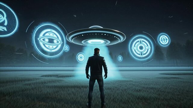 Foggy grass field night, lone man standing, UFO hovering intense spotlight down, dramatic lens flare grass reflecting light, cinematic close-up male face, low-angle wide beam, mysterious suspenseful