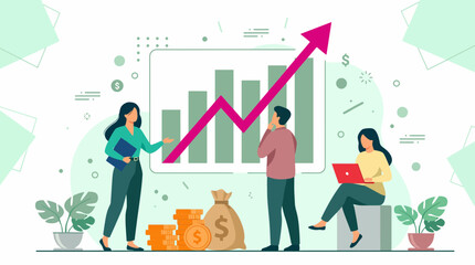 Business team analyzing significant financial growth on a bar chart with an ascending arrow and money icons, concept for successful investment, financial strategy and annual review