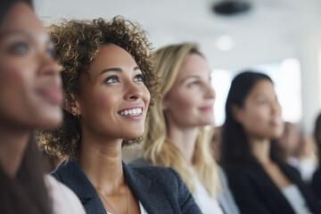 Close up of a Group of businesswomen attend corporate event. Businesswoman Audience watches projection screen with sustainability presentation . Professionals learn in classroom setting. Teamwork,