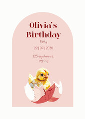 Greeting Card with a Cute little chick. Cartoon newborn baby girl. It&rsquo;s a girl. Chicken character in a watercolour style. Vector illustration.